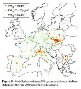 concentrazioni di PM10 in Europa modellate per il 2030 secondo lo scenario dell'attuale legislazione